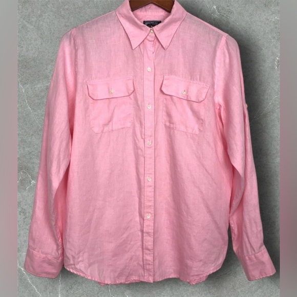 America Living Women’s XL Long Sleeve Pink Button Up 100% Linen Blouse - Picture 1 of 7
